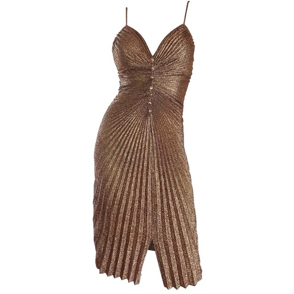 Stunning Vintage New Leaf by Samir Gold Accordion Pleated 70s Dress 9/10 - Picture 4 of 9